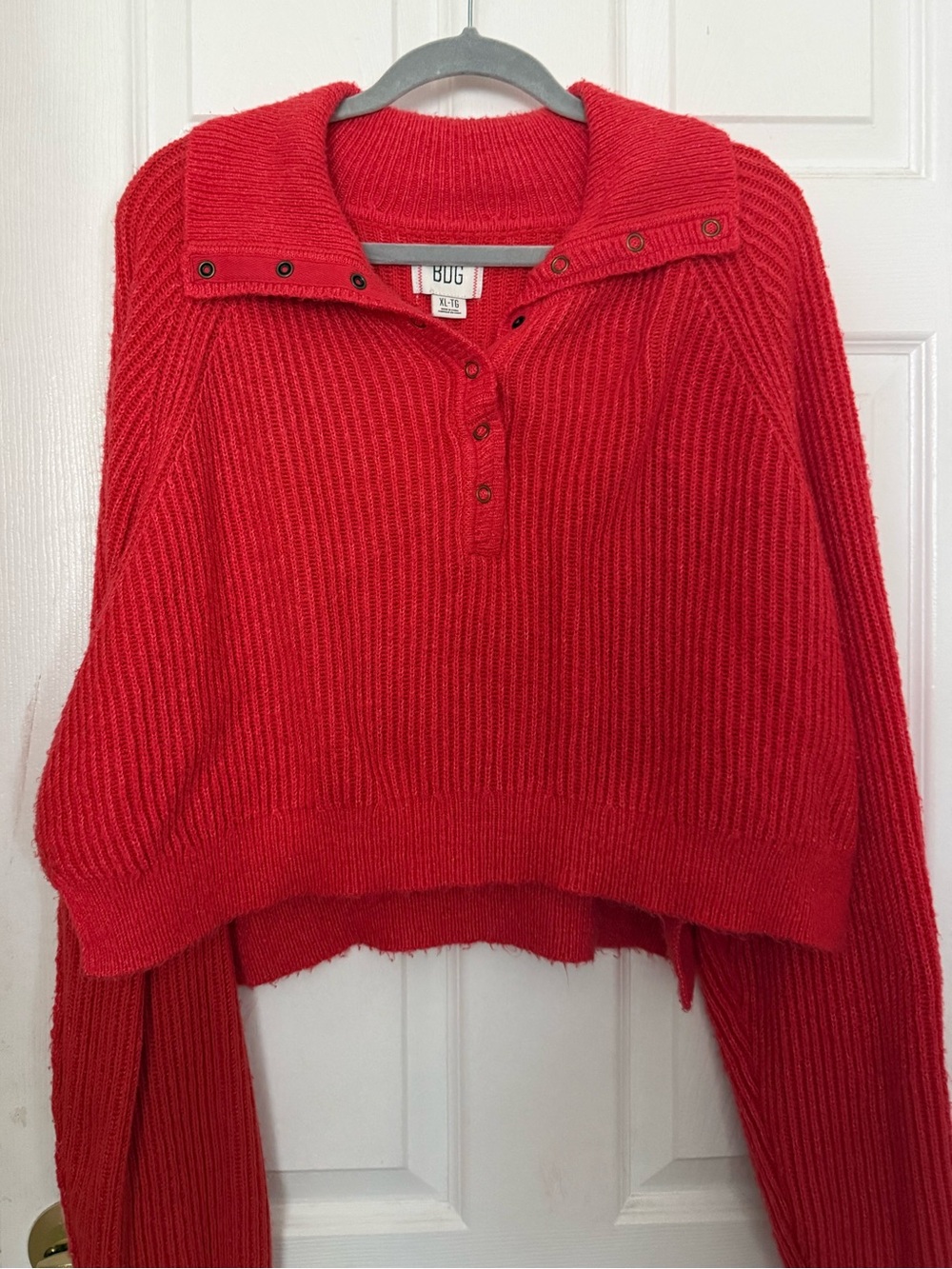 BDG Red Ribbed Snap-Button Cropped Sweater